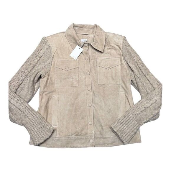 ecru Academia Suede Sweater Knit Jean Jacket Chamois Leather Wool Luxury - Picture 2 of 9